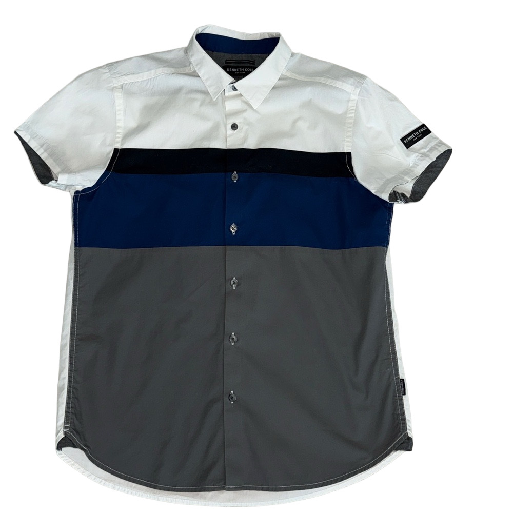Kenneth Cole Men's Color Block Shirt - Off White, Blue, Gray - Size M